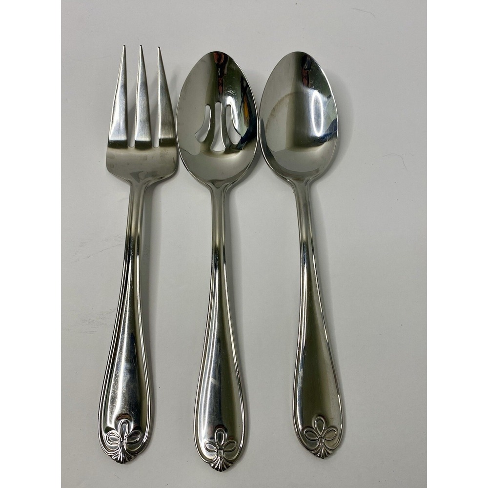 Reed & Barton Ribbon Crest Glossy Stainless Serving Spoons & Meat Fork